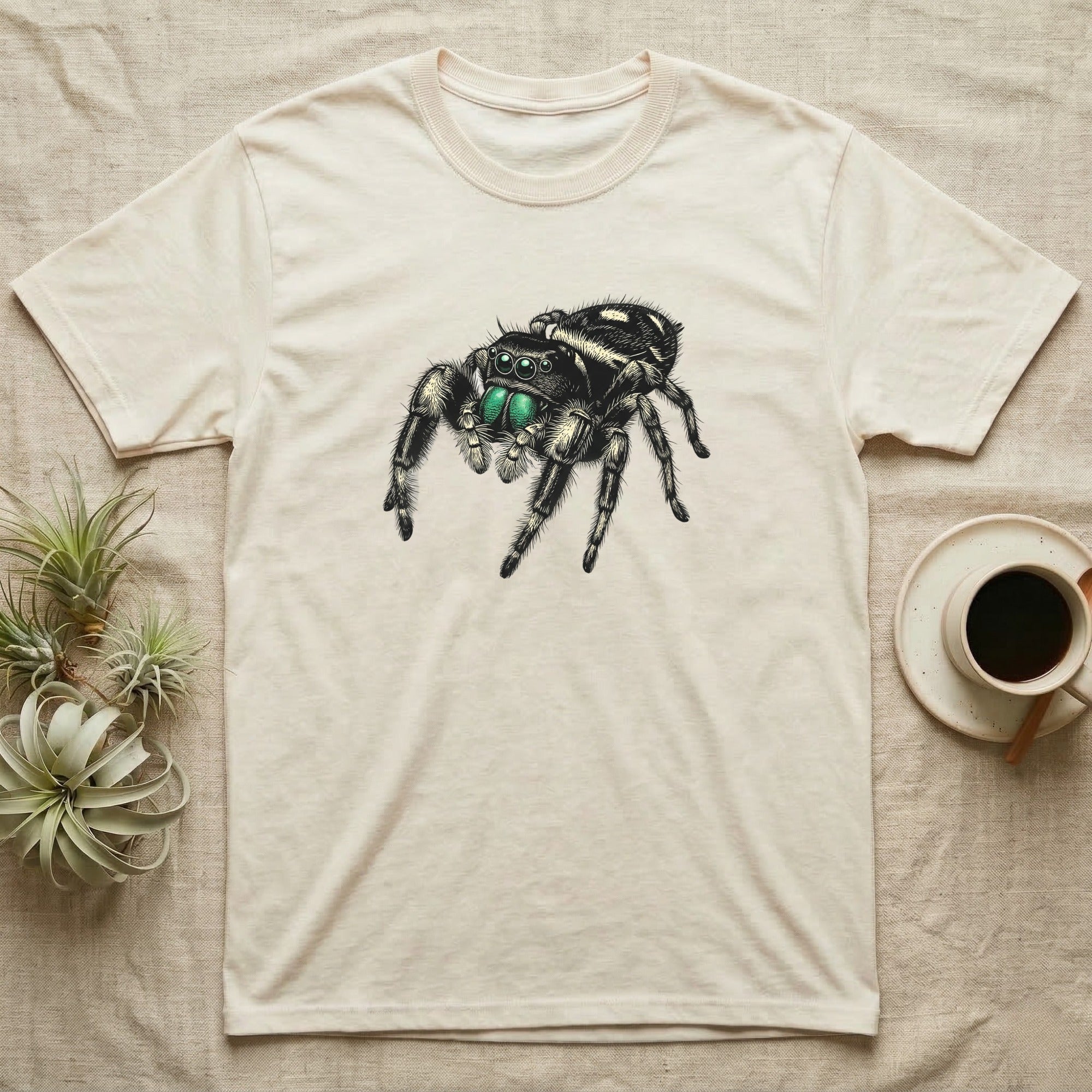 Cream t-shirt with a detailed illustration of a jumping spider.