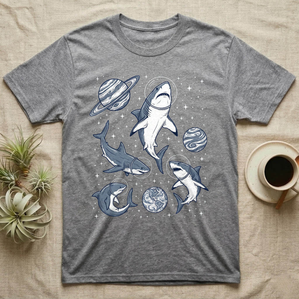 Grey t-shirt with sharks in space illustration.