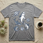 Grey t-shirt with sharks in space illustration.