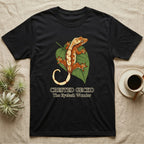 Black t-shirt featuring a crested gecko on a leaf.