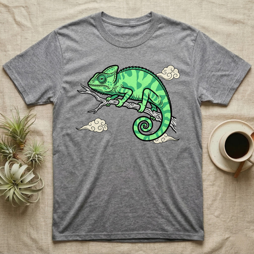 Gray t-shirt with a green chameleon on a branch with clouds.