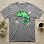 Gray t-shirt with a green chameleon on a branch with clouds.