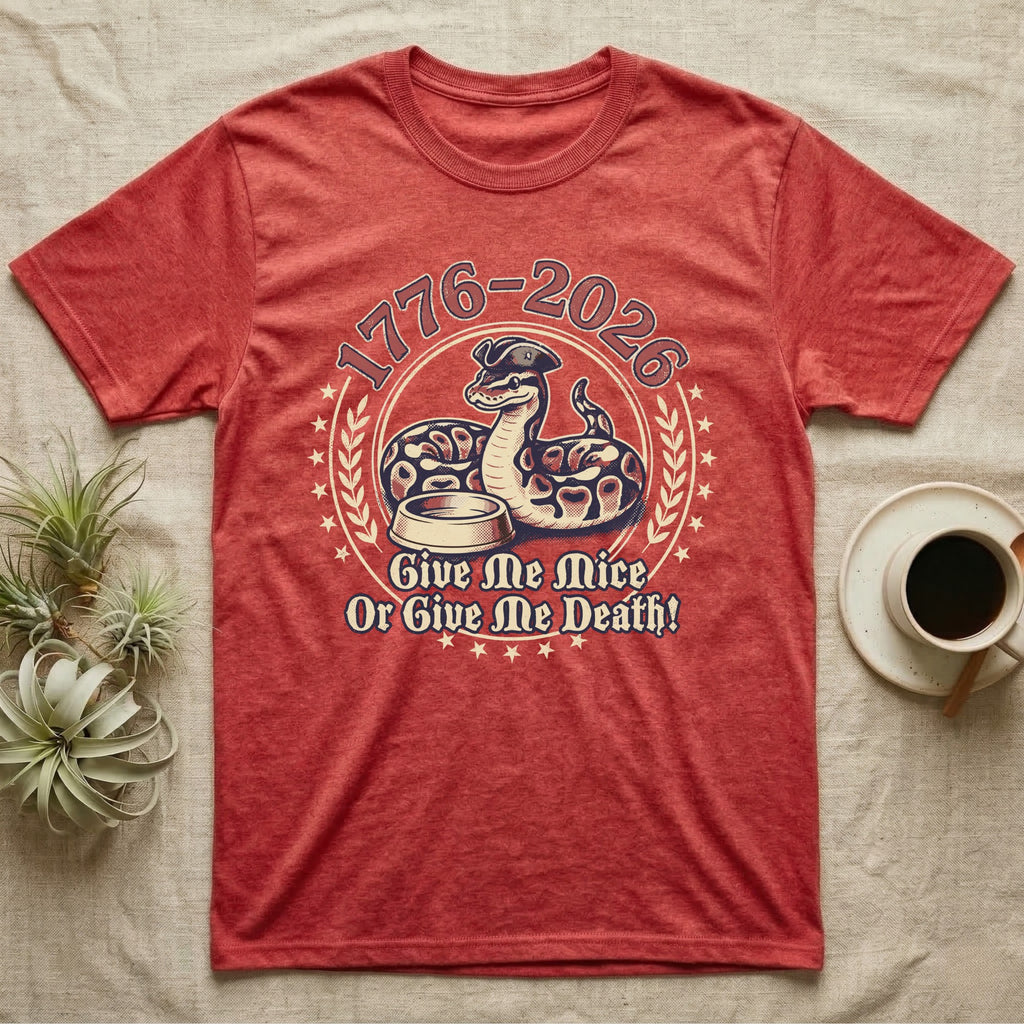 Ball Python 1776 T-Shirt in Heather Red — Vintage distressed badge of a ball python in a feeding strike over a food dish, cream and brick-red emblem reading Give Me Mice Or Give Me Death.