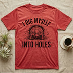 Russian Tortoise Digging T-Shirt in Heather Red — Etched Russian tortoise digging headfirst into an earth bank, only its back end out, with the words I Dig Myself Into Holes