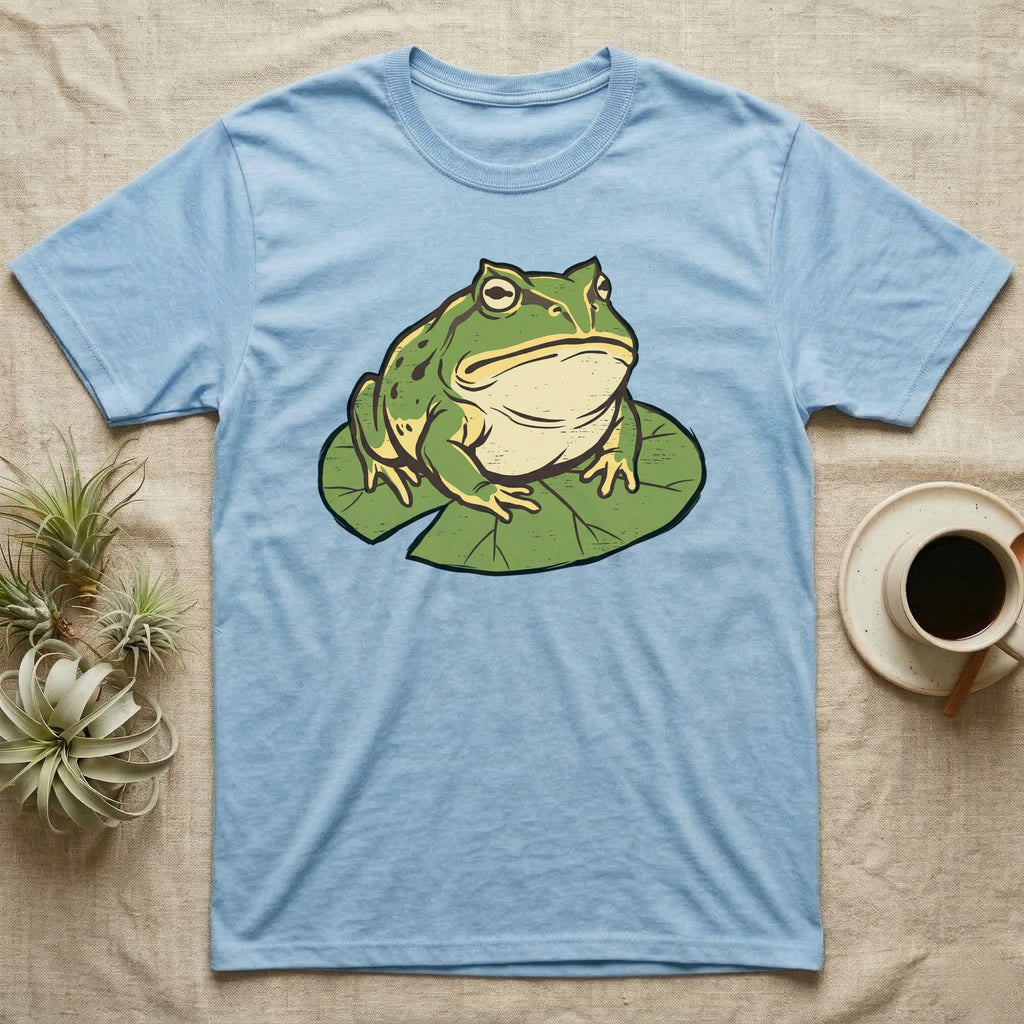 Light blue t-shirt with a cartoon frog sitting on a lily pad.