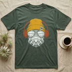 Red-Eared Slider Headphones T-Shirt in Military Green — Engraved red-eared slider turtle in a beanie and headphones, aviators reflecting a calm reed-lined lake.