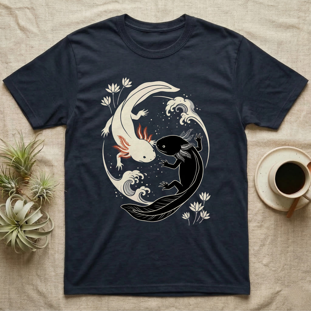 Axolotl Yin-Yang T-Shirt in Navy — Japanese woodblock style print of a cream axolotl with red gills and a black axolotl curled nose to nose into a circle with waves and water lilies