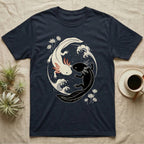 Axolotl Yin-Yang T-Shirt in Navy — Japanese woodblock style print of a cream axolotl with red gills and a black axolotl curled nose to nose into a circle with waves and water lilies