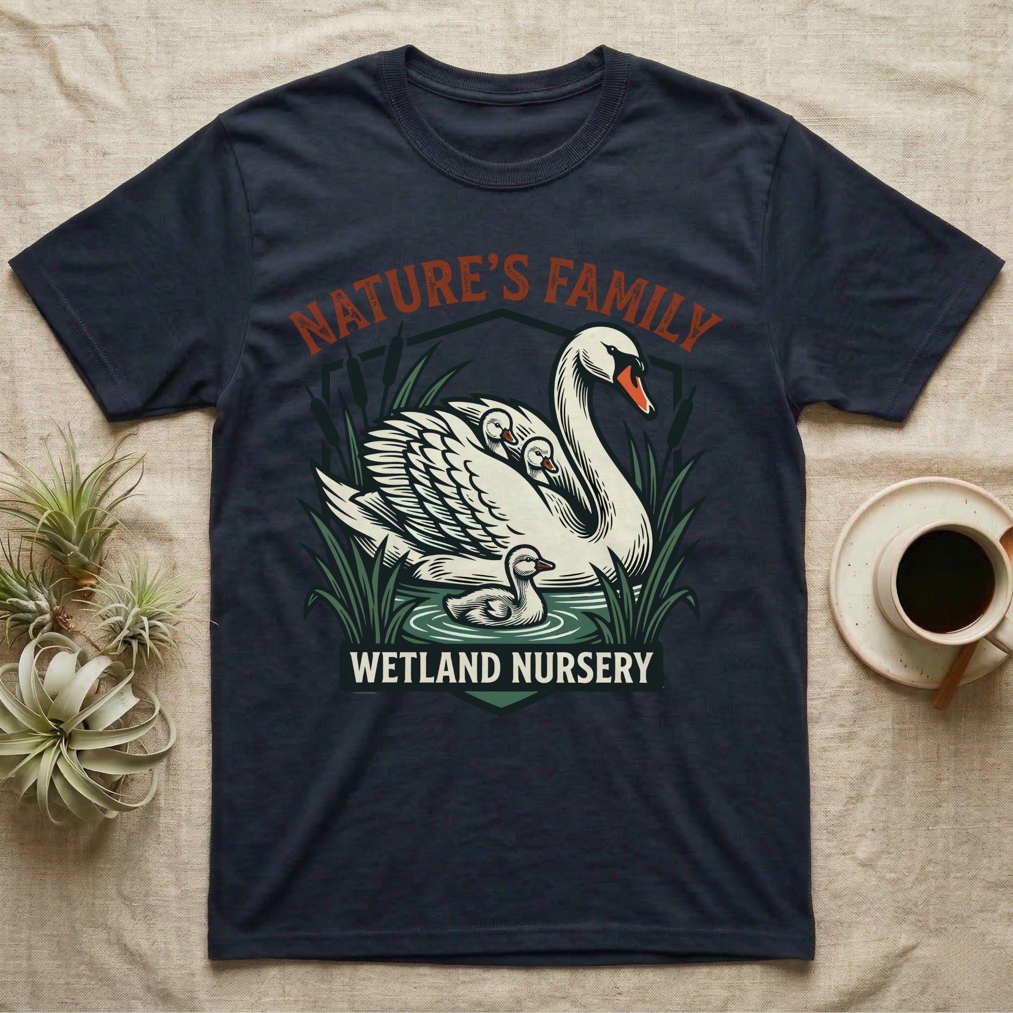 Swan family with cygnets in reeds, "Nature's Family Wetland Nursery" text.