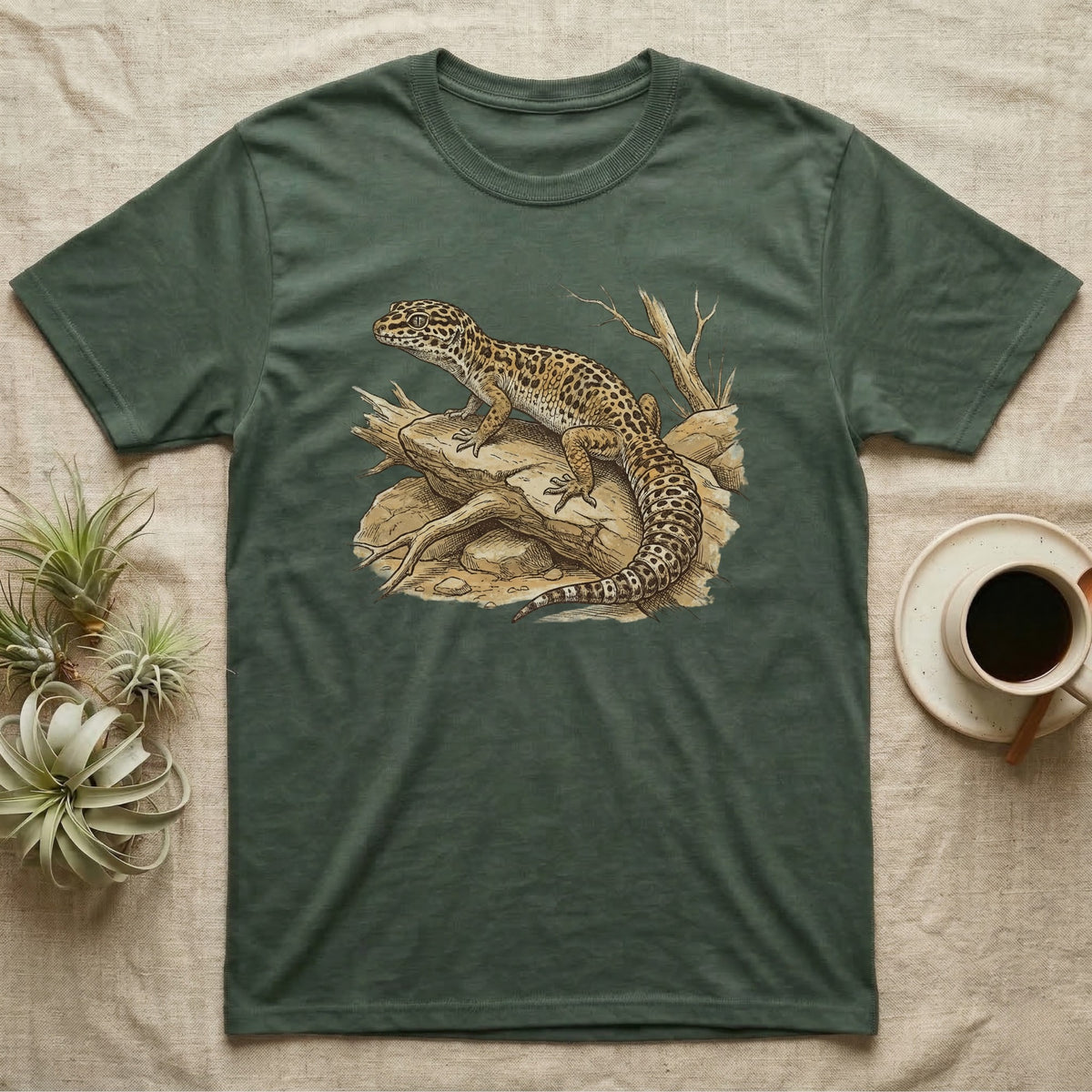 Dark green t-shirt with a brown and tan leopard gecko illustration on a rock.