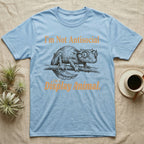 Leaf-Tailed Gecko Display T-Shirt in Light Blue — Engraved satanic leaf-tailed gecko on a branch staring out, with the words I'm Not Antisocial, I'm a Display Animal