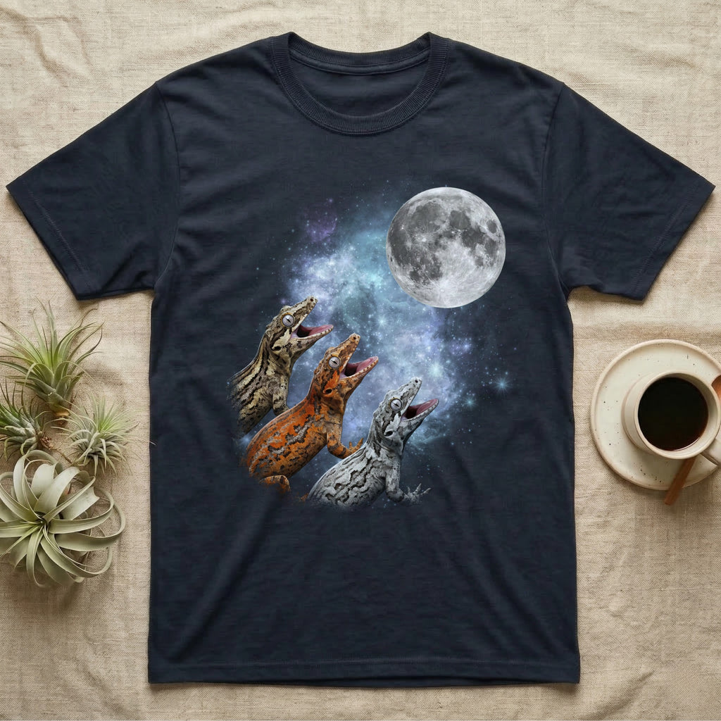 Gargoyle Gecko Moon Howl T-Shirt in Navy — Three Gargoyle Gecko colour morphs howling at a full moon over a nebula on a dark grey t-shirt.
