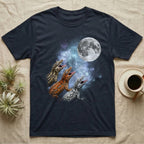 Gargoyle Gecko Moon Howl T-Shirt in Navy — Three Gargoyle Gecko colour morphs howling at a full moon over a nebula on a dark grey t-shirt.
