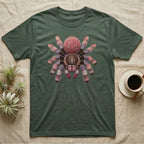 Dark green t-shirt featuring a colorful tarantula illustration.