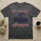 Kingsnake Patience T-Shirt in Dark Heather — Navy engraving of a banded California kingsnake head raised and tongue flicking, between 66% POSS HET and for PATIENCE in rose type