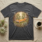 Dark grey t-shirt featuring a vibrant illustration of a leopard gecko with mushrooms and plants.