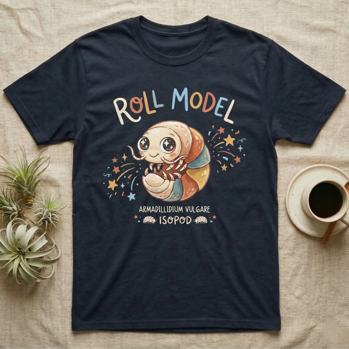 Roly Poly Isopod Roll Model T-Shirt in Navy — Storybook roly poly curled into a roll with starry eyes and confetti under hand-lettered "Roll Model".