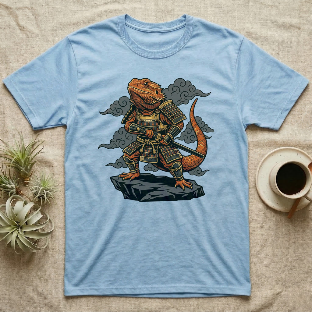 Light blue t-shirt featuring a samurai bearded dragon warrior with sword and armor.