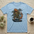 Light blue t-shirt featuring a samurai bearded dragon warrior with sword and armor.