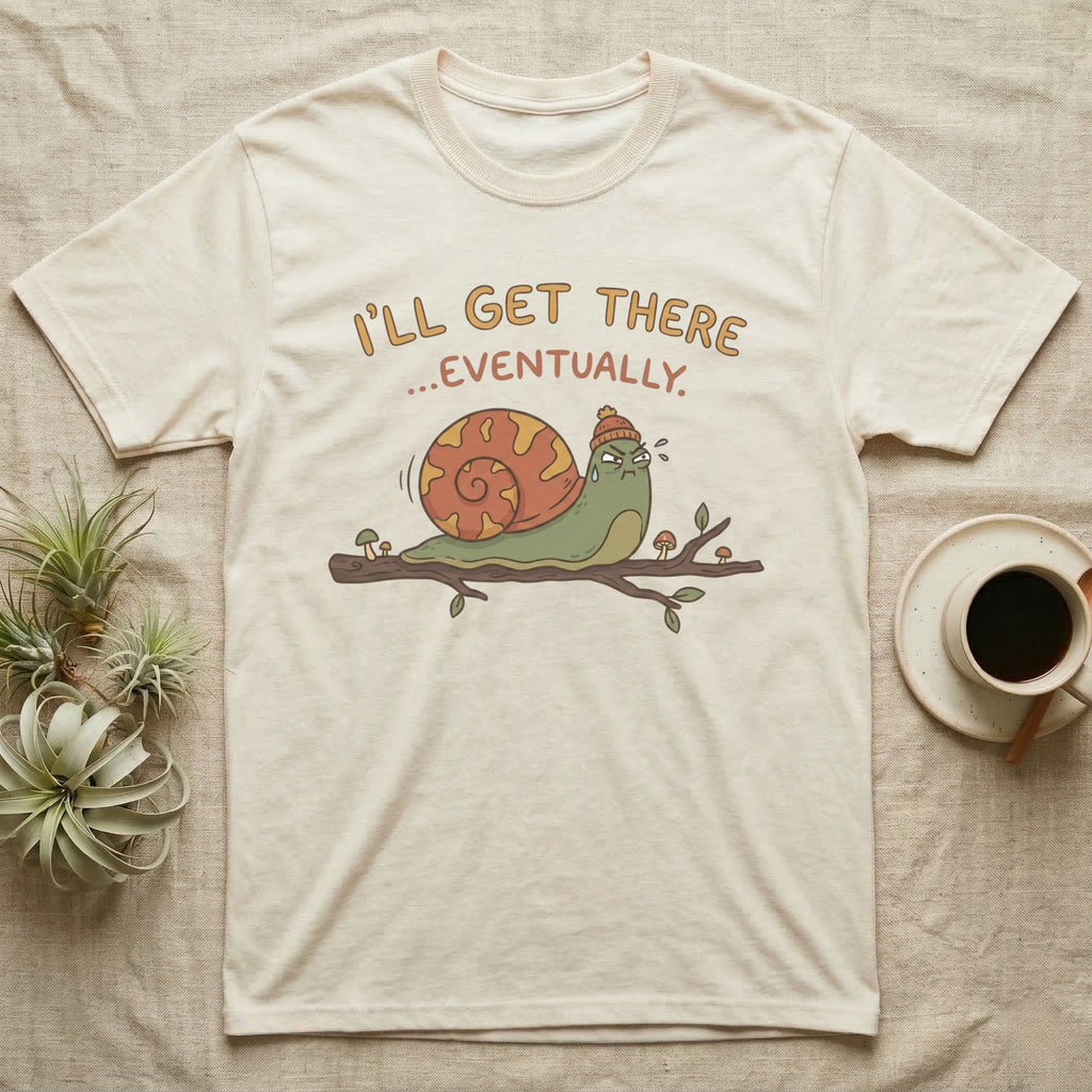 Cream t-shirt with a snail on a branch and text "I'll get there...eventually."