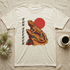 Bearded dragon on rock with sun and "Sun Seeker" text.