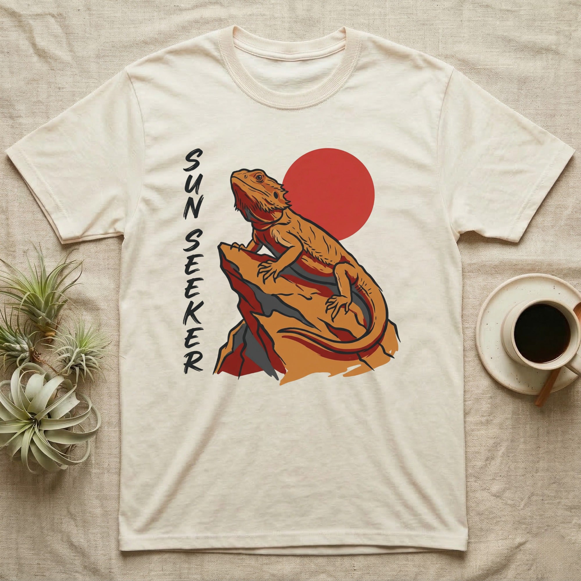 Bearded dragon on rock with sun and "Sun Seeker" text.