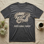 Hognose Professional Fainter T-Shirt in Dark Heather — Linocut block-print of a western hognose snake flopped belly-up in a death-feign with professional fainter caption.