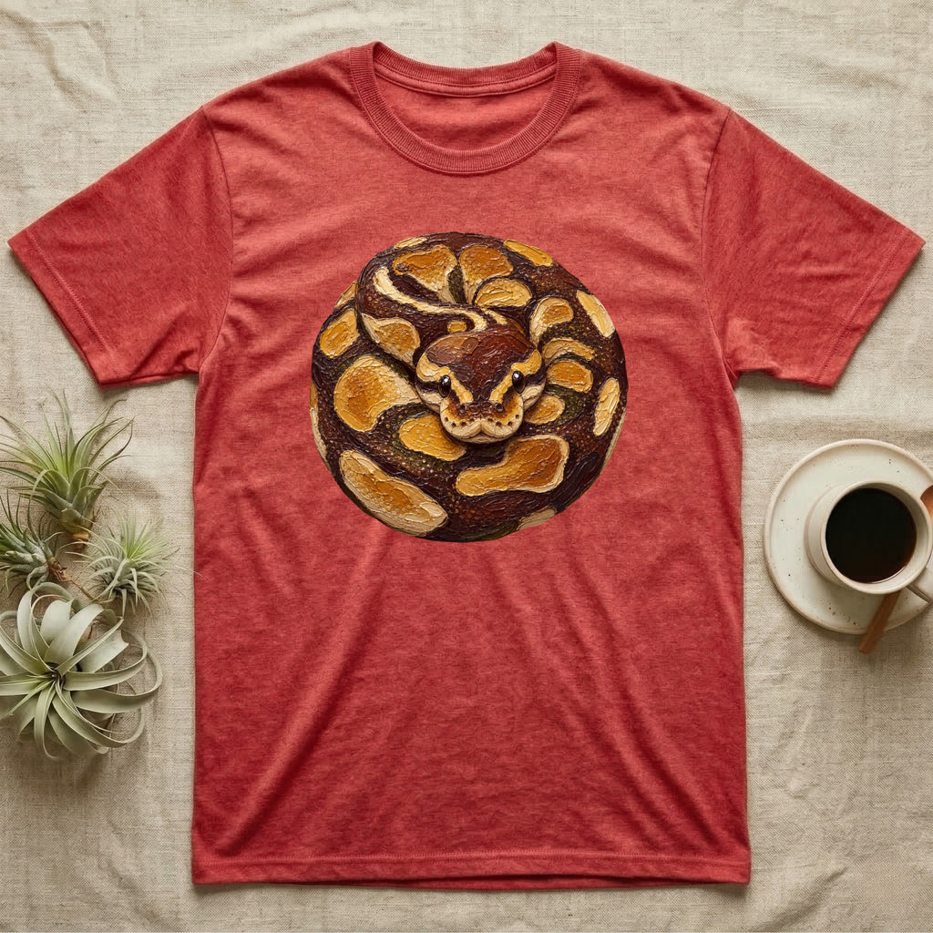 T-shirt with a coiled, textured snake design.