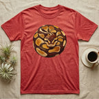 T-shirt with a coiled, textured snake design.