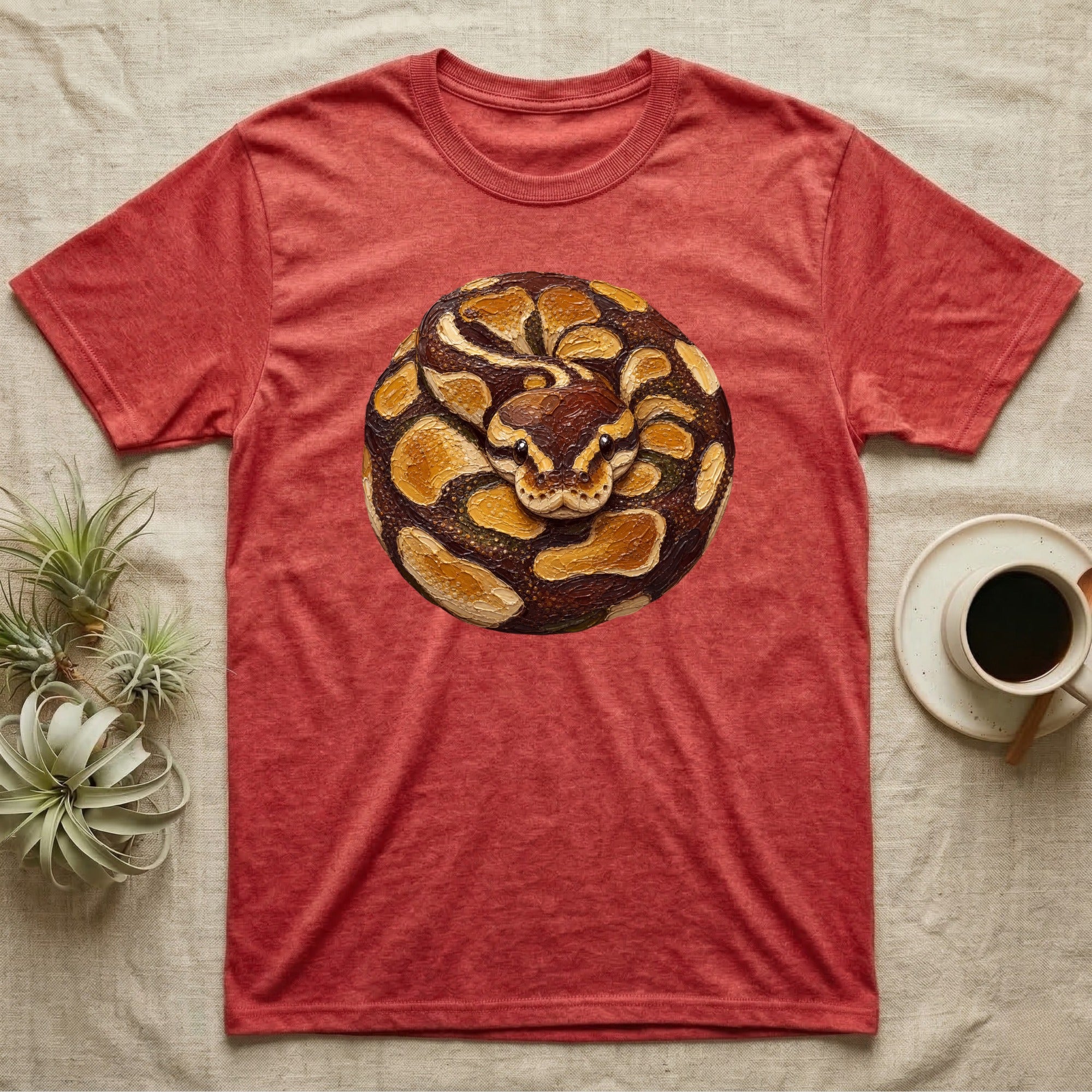 T-shirt with a coiled, textured snake design.