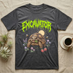Russian Tortoise Feral T-Shirt in Dark Heather — Chubby Russian tortoise munching a green in a pastel meadow under a spiky lime metal wordmark reading EXCAVATOR.