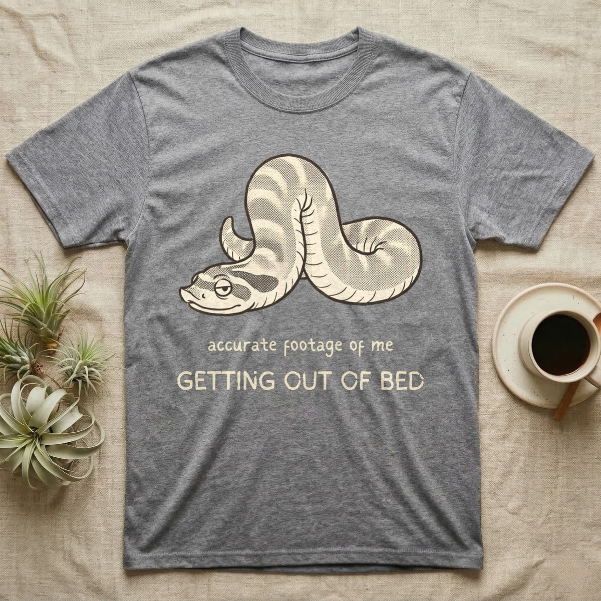 Hognose Morning Mood T-Shirt in Sport Grey — Retro-illustration of a hognose snake flopped limp with hand-drawn marker text about getting out of bed.