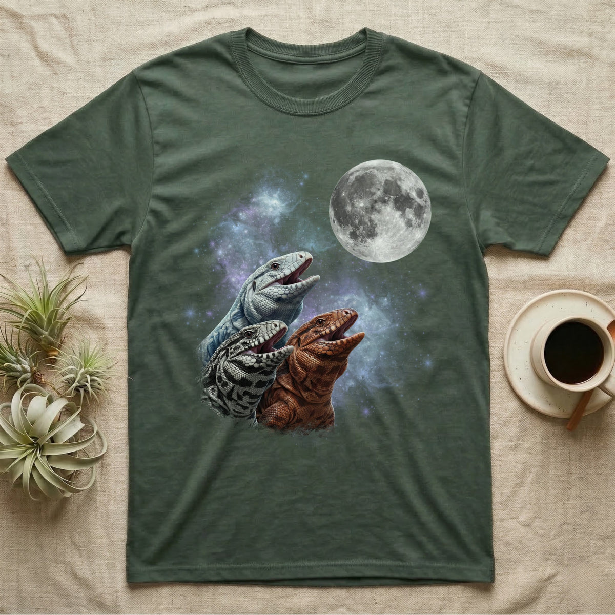 Tegu Moon Howl T-Shirt in Military Green — Three Tegu colour morphs howling at a full moon over a nebula on a dark grey t-shirt.