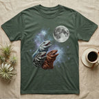 Tegu Moon Howl T-Shirt in Military Green — Three Tegu colour morphs howling at a full moon over a nebula on a dark grey t-shirt.