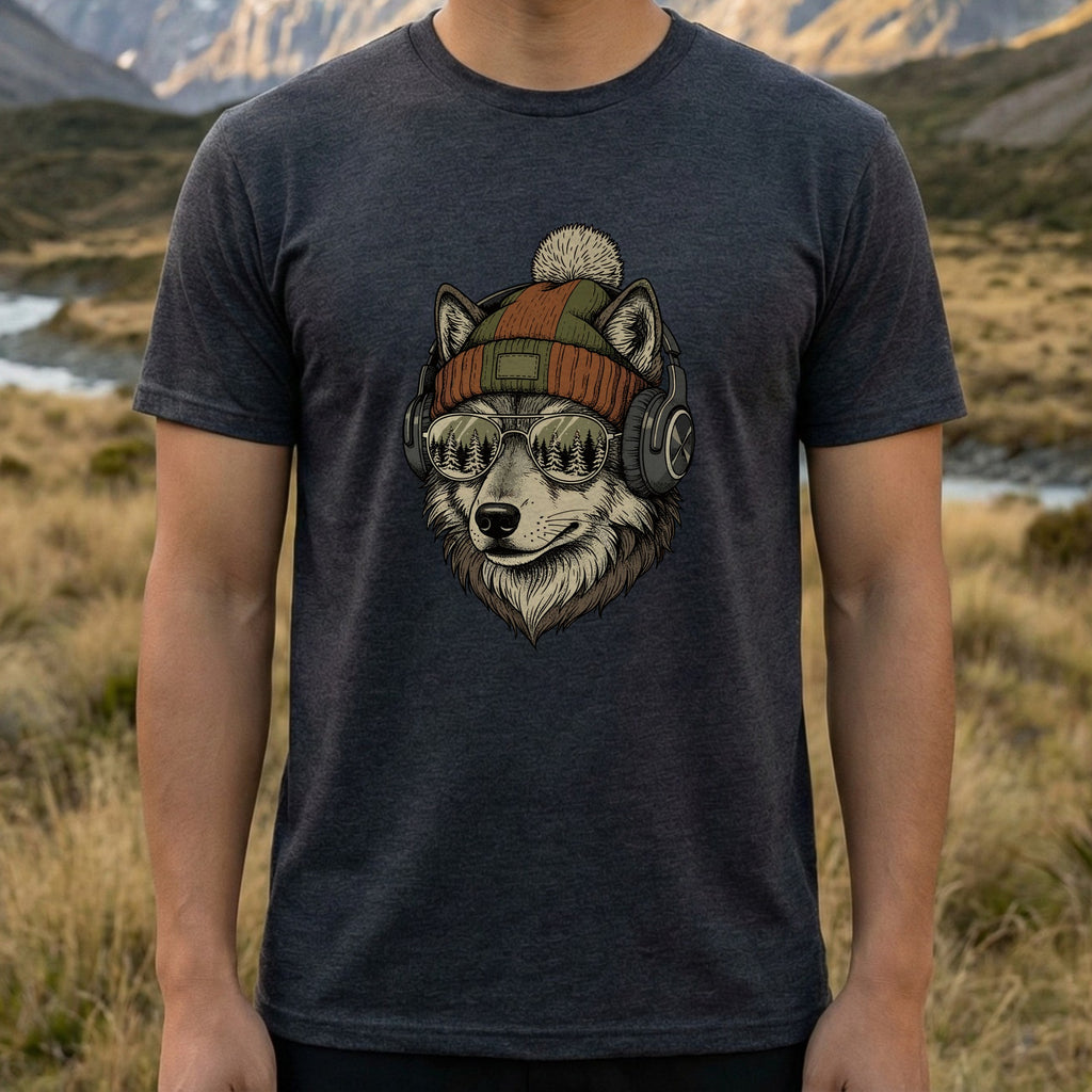 Cool Wolf Wearing Headphones and Beanie T-Shirt