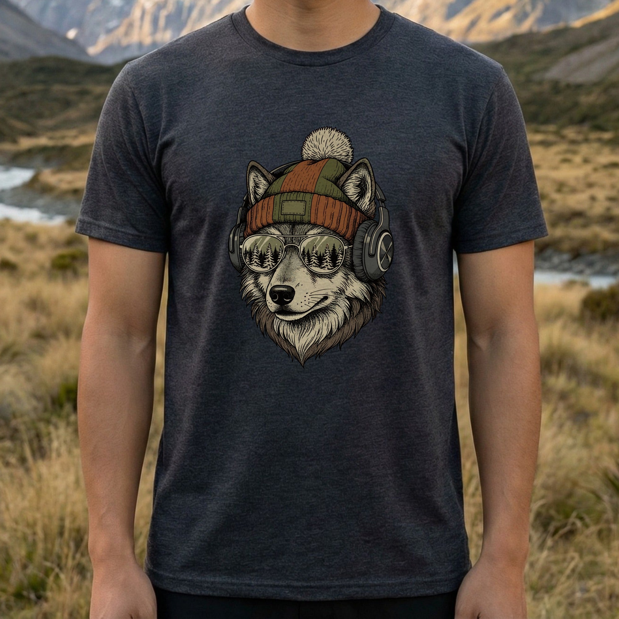 Cool Wolf Wearing Headphones and Beanie T-Shirt