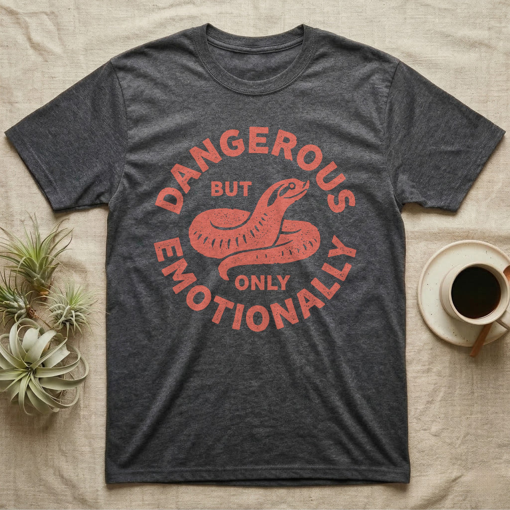 Hognose Snake Emotionally Dangerous T-Shirt in Dark Heather — Block-print western hognose snake reared in one terracotta ink, ringed by the words DANGEROUS BUT ONLY EMOTIONALLY.