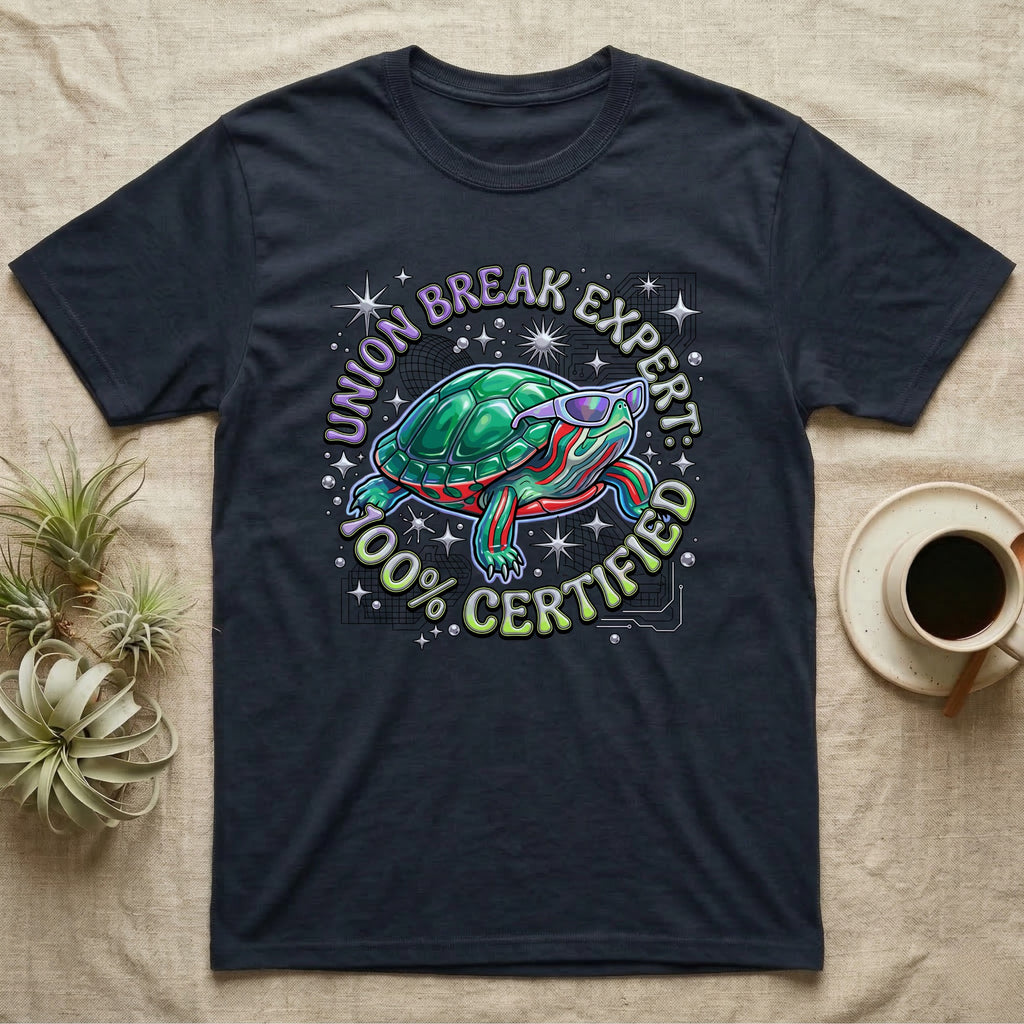 Red-Eared Slider Union Break T-Shirt in Navy — Y2K cartoon red-eared slider turtle in sunglasses with chrome "Union Break Expert 100% Certified" lettering.