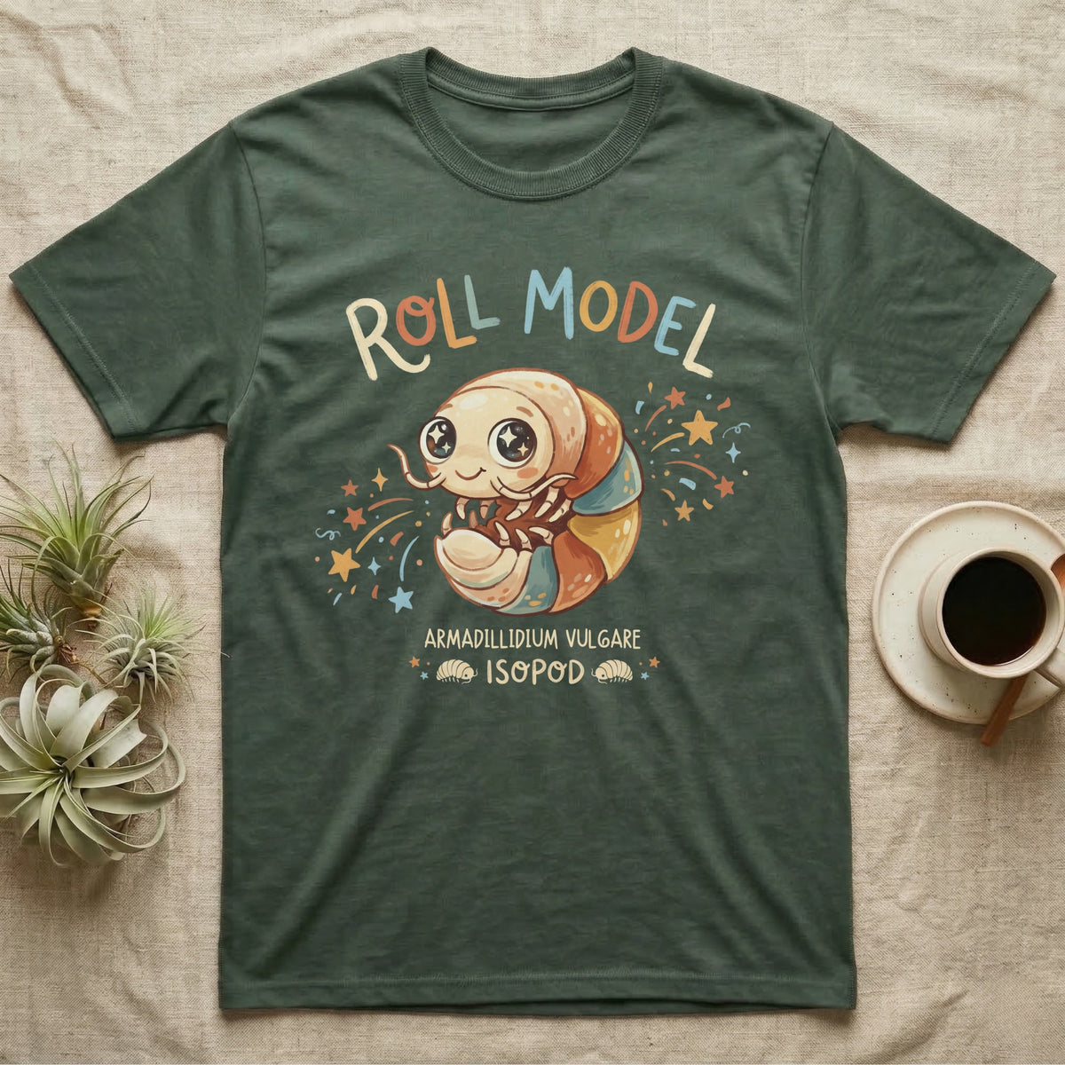 Roly Poly Isopod Roll Model T-Shirt in Military Green — Storybook roly poly curled into a roll with starry eyes and confetti under hand-lettered "Roll Model".