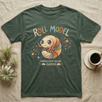 Roly Poly Isopod Roll Model T-Shirt in Military Green — Storybook roly poly curled into a roll with starry eyes and confetti under hand-lettered "Roll Model".