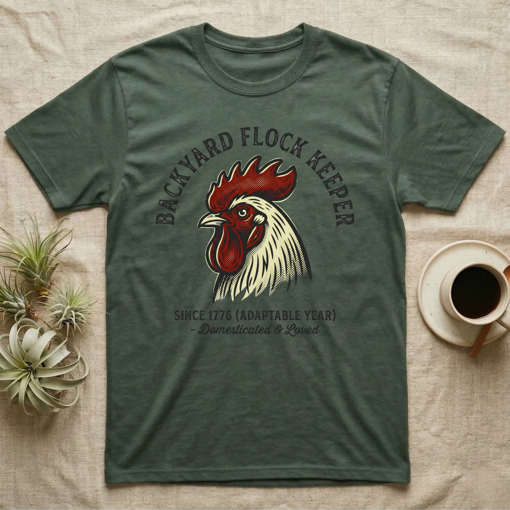 Green t-shirt with rooster graphic and text "Backyard Flock Keeper".
