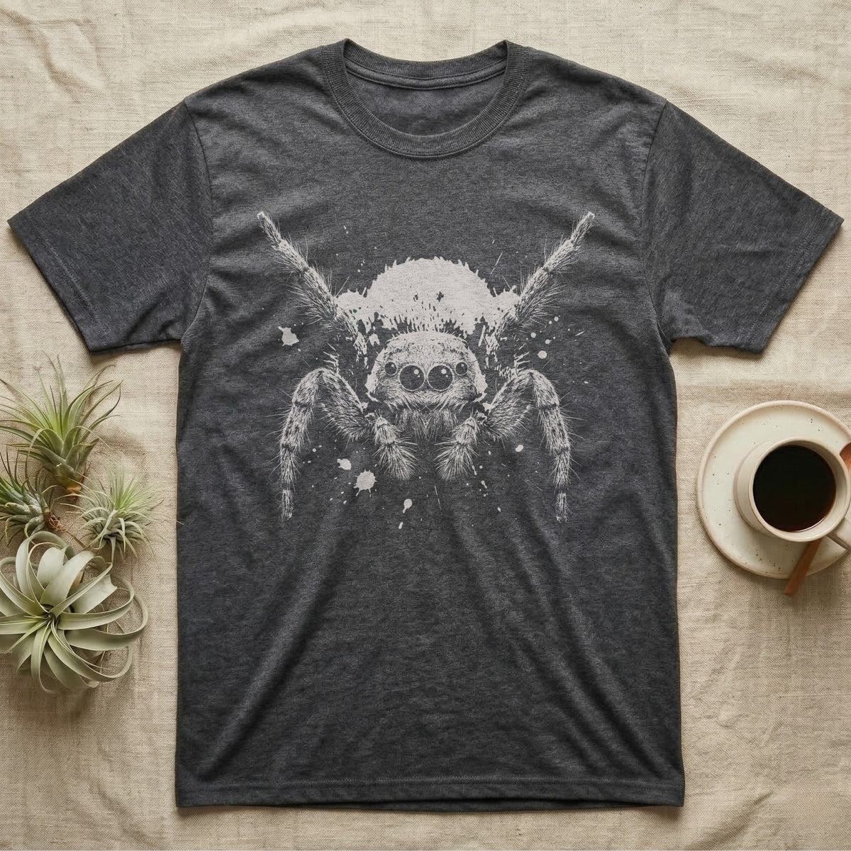 Velvet Spider Macro Portrait T-Shirt in Dark Heather — High-contrast one-ink macro portrait of a velvet spider facing forward, front legs raised, on black.