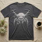 Velvet Spider Macro Portrait T-Shirt in Dark Heather — High-contrast one-ink macro portrait of a velvet spider facing forward, front legs raised, on black.