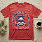 Bearded Dragon Basking T-Shirt in Heather Red — Sports-logo bearded dragon in a tricorn hat under a collegiate arch reading Basking in Freedom Since 1776.