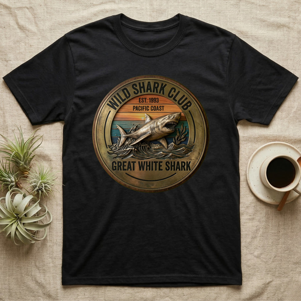 Black t-shirt with a circular graphic featuring a great white shark and "Wild Shark Club Pacific Coast" text.