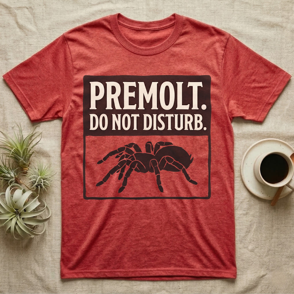 Tarantula Premolt Do Not Disturb T-Shirt in Heather Red — Vintage-ink sign with carved-serif type "Premolt. Do Not Disturb." above a tarantula curled in the cork-hide pose.