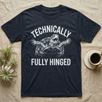 Box Turtle Hinged T-Shirt in Navy — White-line engraving of a yelling eastern box turtle with front legs raised between the words TECHNICALLY and FULLY HINGED