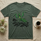 Green t-shirt with a graphic of a green praying mantis on a tree branch.