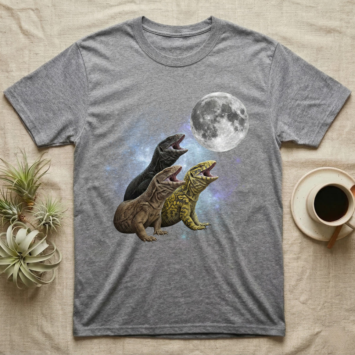 Savannah Monitor Moon Howl T-Shirt in Sport Grey — Three Savannah Monitor colour morphs howling at a full moon over a nebula on a dark grey t-shirt.