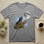Savannah Monitor Moon Howl T-Shirt in Sport Grey — Three Savannah Monitor colour morphs howling at a full moon over a nebula on a dark grey t-shirt.